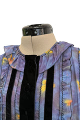 Prettiest 2000s Rochas by Olivier Theyskens Blue Silk Floral Watercolour Dress w Ruffles & Velvet Trim