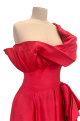 Prettiest 1970s Loris Azzaro Red Silk Gazaar One Shoulder Dress w Ruffled Detailing & Side Bow