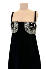 Sophisticated 1960s Donald Brooks Fine Black Wool Crepe Dress w Elaborate Rhinestone Detailing
