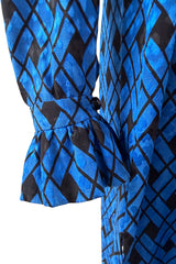 Divine Fall 1979 Yves Saint Laurent True Haute Couture Blue Silk Harlequin Print Dress w Ruffled Cuffs