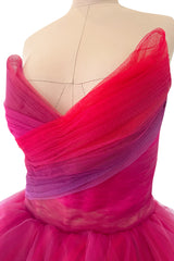 Spring 2019 Monique Lhuillier Runway Strapless Bright Pink Net Tulle Dress w Full Multi Tier Skirt