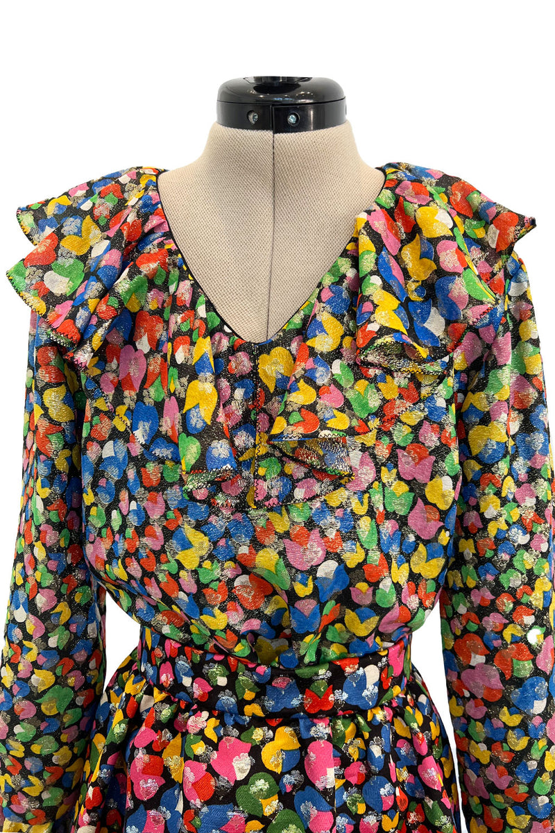 Numbered 1970s Christian Dior by Marc Bohan Demi-Couture Metallic Multi Color Silk Set