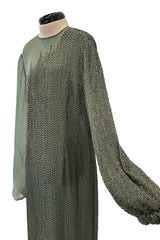 Prettiest Fall 1981 John Anthony Couture Moss Green Silk Chiffon Dress w Hand Beaded Detailing