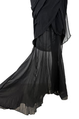 Incredible 1980s Thierry Mugler Black Layered Silk Chiffon One Shoulder Dress Flared Skirt Dress