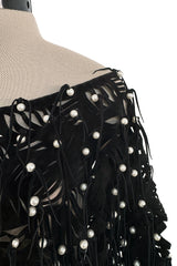 Rare 1980s Jan Faulkner Hand Made Black Suede Cut Out Mini Dress w Pearls & Fringe