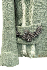 Fall 2005 Roberto Cavalli Green Boucle Jacket w Chinchilla Collar, Rhinestone, SIlk & Velvet Detailing
