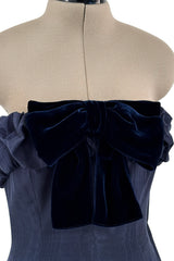 Incredible 1980s Hubert de Givenchy Haute Couture Strapless Blue Matte Silk Dress w Velvet Bow Detailing