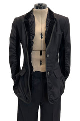 Chic Fall 2002 Yves Saint Laurent by Tom Ford Black Pant Suit w Velvet Trim & Curved Sleeves