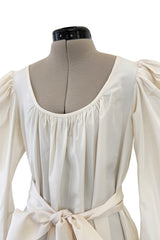 Amazing 1970s Yves Saint Laurent Silk Ivory Full Tent Dress w Belt, Ruffled Edges & Full Sleeves