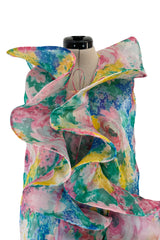 Beautiful 1980s Pierre Cardin Haute Couture Silk Chiffon Pastel Floral Ruffled Strapless Dress & Cape