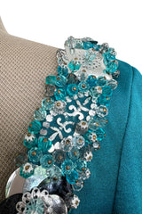 Stunning Spring 1971 Loris Azzaro Deep Turquoise Silk Jersey Dress w Densely Beaded Plunging Front Detail