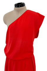 Spring 1980 Christian Dior by Marc Bohan Haute Couture One Shoulder Coral Red Silk Dress