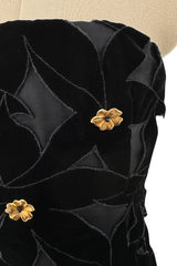 Spectacular 1980s Hubert de Givenchy Haute Couture Velvet Floral Cut Out Dress w Gold Metal Flowers