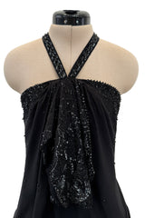 Outstanding Spring 2003 Christian Dior by John Galliano Bias Cut Black Silk Chiffon Dress w Lace Details & Sequin Halter