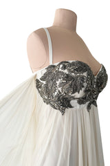 Incredible 2022 Alexander McQueen by Sarah Burton Ivory Silk Chiffon Dress w Heavily Detailed Bodoice