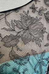 Rare 1950s Irene Lentz Black Silk Taffeta Dress w Pale Blue Ribbon & Lace Illusion Bodice