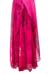 Dreamy 1970s Hanae Mori Pink Layered Bias Cut Silk Chiffon Caftan Dress w Floral Print
