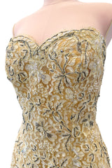Fabulous 1950s Unlabeled Pearl, Bead & Feather Detailed Yellow Lace Dress w Matching Cape
