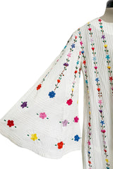 Fantastic 1960s Unlabeled White Cotton Hand Embroidered Mexican Caftan Dress