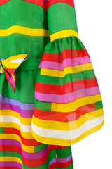 Spectacular 1968 Bill Blass Bright Striped Silk Organza Dress w Original Bow Belt & Bell Sleeves
