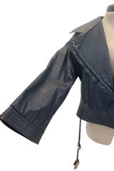 Fall 1982 Gianfranco Ferre Runway Black Blue Wrap Leather Jacket w Wide Sleeves & Huge Collar