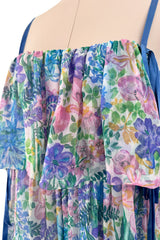 Spectacular Spring 1978 Christian Dior by Marc Bohan Blue Floral Silk Chiffon Dress w Ribbon Straps