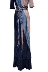 1980s Mary McFadden Couture Blue & Deep Dusky Pink Pleated Dress w Extra Long Braided Belt