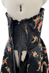 Dreamy 1960s Unlabeled Strapless Black Dress w Front Pink Panel & Floral Embroidery