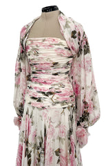Prettiest 1970s Lanvin Couture Pastel Floral Print Strapless Silk Chiffon Dress w Balloon Sleeve Jacket