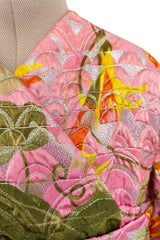 Stunning Fall 1970 Bill Blass Pink Quilted Silk Floral Pattern Metallic Dress w Banded Waist