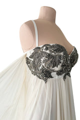 2022 Alexander McQueen by Sarah Burton Silk Chiffon Dress w Silver Bead Detailed Bodice