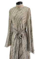 Exceptional 1970s George Stavropoulos Couture Bias Cut Grey Ribbon Silk Chiffon Dress w Sash