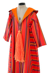 Incredible 1960s Josefa Striped Cotton Caftan Dress w Hood & Huge Orange Yarn Tassel Detailing