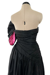 Striking 1980s Arnold Scaasi Couture Black Silk Strapless Dress w Pink Lined Half Bow & Shawl