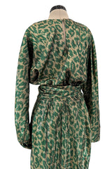 Incredible Fall 1979 Halston Runway Feather Light Green & Metallic Gold Lurex Dress w Original Belt