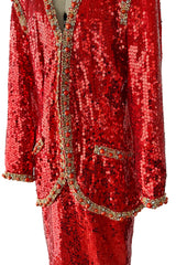 Bright Red 1980s Balenciaga Le Dix Sequin Jacket & Skirt Suit w Gold Braiding & Beadwork Detailing