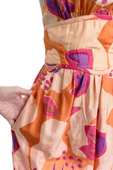Spring 1981 Bill Tice Deco Pattern Printed Tissue Silk Backless Jumpsuit w Balloon Pouf Legs