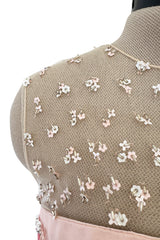 Dreamy 2000s Oscar de la Renta Pink Net & Floral Silk Dress w Bead & Flower Sequin Detailing