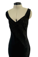 Amazing Spring 2002 John Galliano Black Bias Cut Logo Dress w Sweeping Back