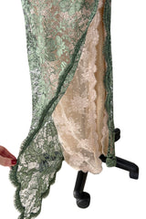 Dreamiest 1970s Geoffrey Beene One Shoulder Soft Blush Pink & Moss Green Corded Lace Dress