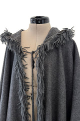 Phenomenal Fall 1977 Yves Saint Laurent Runway Deep Charcoal Grey Fringed Cape w Hood
