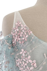 Dreamy Luisa Beccaria Pale Turquoise Net Off Shoulder Dress w Pink & Gold Embroidery