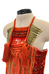 Iconic Spring 2011 Gucci by Frida Giannini Runway Look 41 Burnt Orange Silk Cord, Brass & Feather Dress