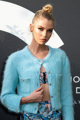 Fall 2019 Chanel by Karl Lagerfeld Pastel Baby Blue Knit Jacket w Handmade Snowflake Buttons