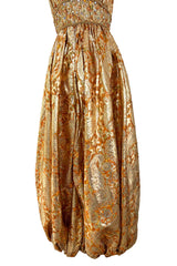 Incredible 1960s Unlabeled Gold Metallic Brocade Pouf Leg Jumpsuit w Gold Cord & Bead Detailing