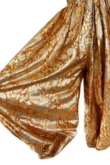 Incredible 1960s Unlabeled Gold Metallic Brocade Pouf Leg Jumpsuit w Gold Cord & Bead Detailing
