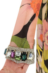 Stunning Fall 2020 Richard Quinn Runway Tropical Floral Print Dress w Jeweled Cuffs & Collar