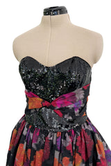 Stunning c 1990 Geoffrey Beene Strapless Sequin Bodice & Floral Silk Taffeta Dress w Shawl