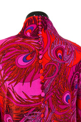 1972 La Mendola 'Paridiso' Peacock Feather Print Deep Pink Silk Jersey Dress