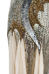 Incredible 1970s Loris Azzaro Densely Covered Gold & Silver Sequin, Bead & Silk Chiffon Dress
